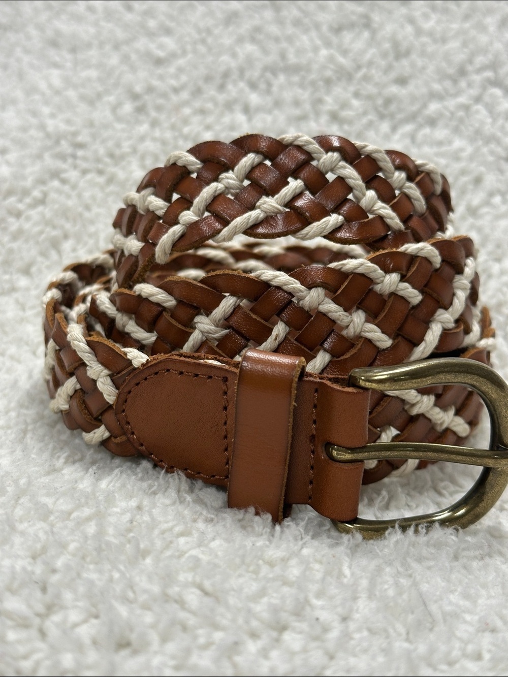 American Eagle Outfitters Braided Leather Belt, Brass Buckle - Brown &  Cord
